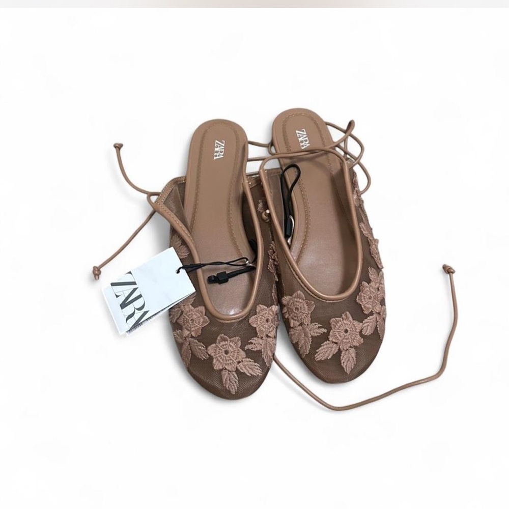 Zara floral embroidery brown lace up sandal